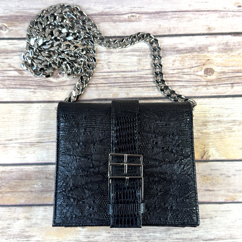 Zara Womens Black Reptile Textured Small Silver Chained Crossbody Purse Bag
